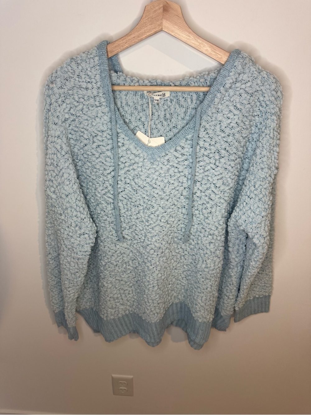 NET Miracle Brand Light Blue Popcorn Knit Hooded Sweater| S/M Cotton Blend